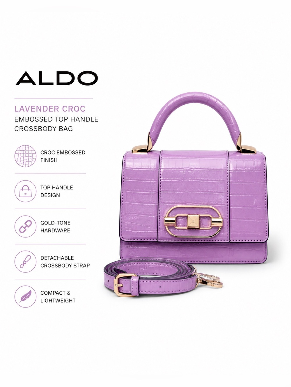ALDO Lavender Croc Embossed Top Handle Crossbody Bag | New without tags